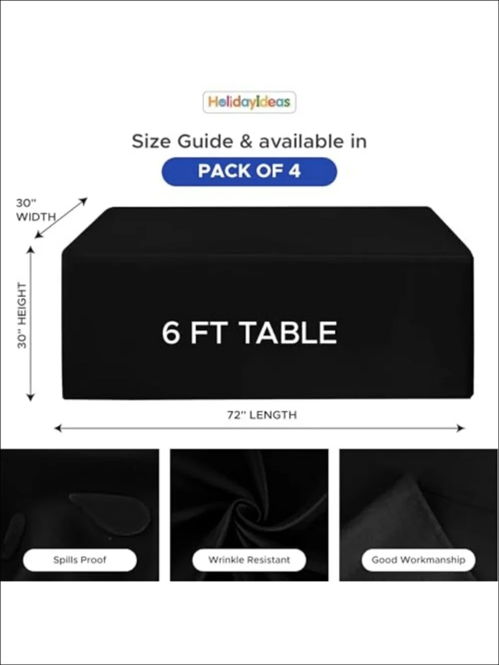 4 Pack 6ft Black Table Cloths for Fitted Rectangle Tables